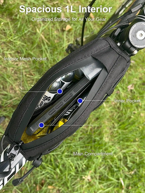 Interior view of Front Frame Top Tube Bag 1L with Dual Side Storage for Road and Mountain Bikes, showing mesh and inner pockets.