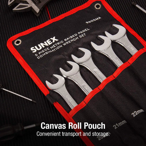 Raised Panel Metric Wrench Set 5 Piece Built With CRMO Alloy Steel Includes Canvas Pouch Heavy Duty Wrenches For Automotive