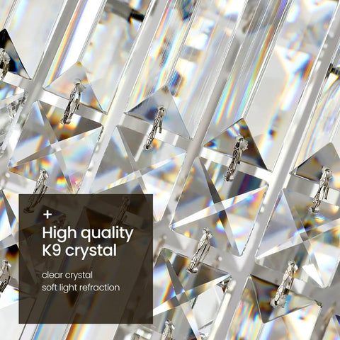 Detailed view of K9 crystals on a Totally Modern Raindrop Crystal Pendant Light For Kitchen Island With Chrome Frame Adjustable Height.