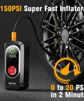 Beefed Up Jump Starter With Air Compressor And Tire Inflator inflating car tire with 150 PSI display