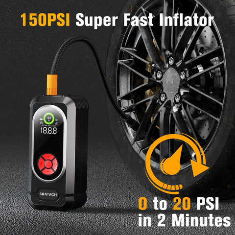 Beefed Up Jump Starter With Air Compressor And Tire Inflator inflating car tire with 150 PSI display