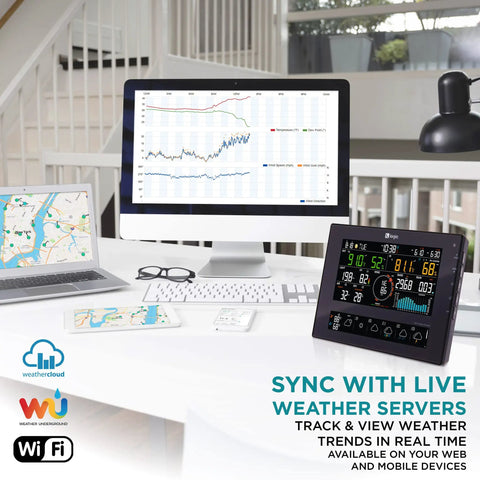 All In One WiFi Weather Station With Solar Power, 8 Inch Color Display, 10 Day And 24 Hour Forecast next to computer screens