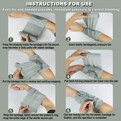 6 Inch Emergency Trauma Bandage 4 Pack For Bleeding Control showing step-by-step application instructions on an arm