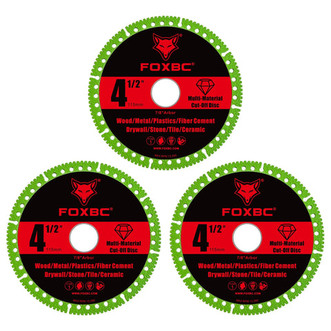 FOXBC 4-1/2 in indestructible multi-material cut-off discs for angle grinders, 7/8 in arbor, 3-pack with green edge