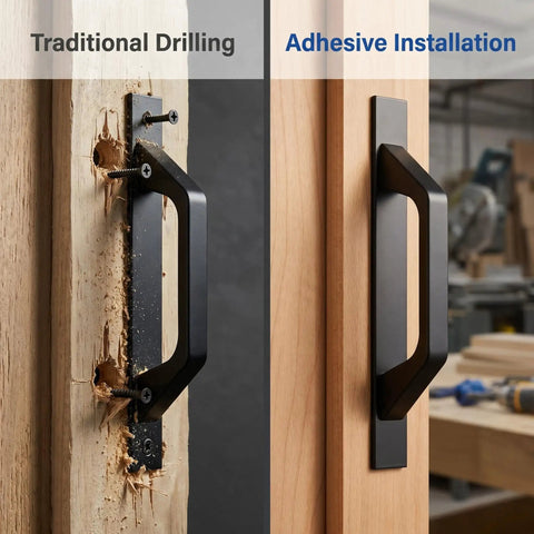 Comparison of traditional drilling vs. adhesive installation with Two Pack Self Stick Cabinet Handles Matte Black Aluminum Alloy No Drill