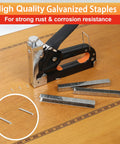 Kickass Pro Grade T50 Staple Gun Staples For Upholstery And Furniture Repair, showing galvanized steel staples and stapler on wood.