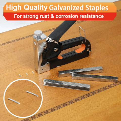 Kickass Pro Grade T50 Staple Gun Staples For Upholstery And Furniture Repair, showing galvanized steel staples and stapler on wood.