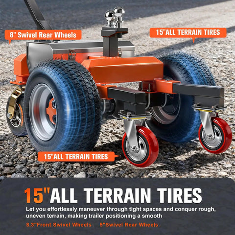 Super Duty Electric Trailer Dolly With 6 Wheels Boosts 7500 Max Load For RVs And Car Trailers showcasing 15" all terrain tires and 8" swivel rear wheels.