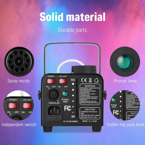 Back view of Fog Machine With RGB LED Light and 13 Color Modes, 500W 2000CFM Haze Machine showing spray nozzle and controls.