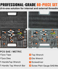 80-Piece Tap And Die Set With Metric And SAE Taps And Dies, includes tools and accessories, in open storage case.