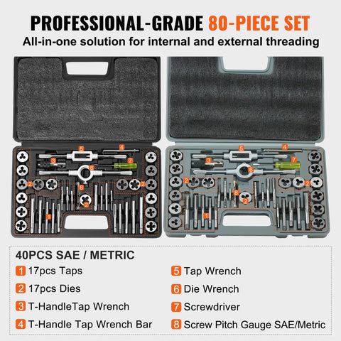 80-Piece Tap And Die Set With Metric And SAE Taps And Dies, includes tools and accessories, in open storage case.