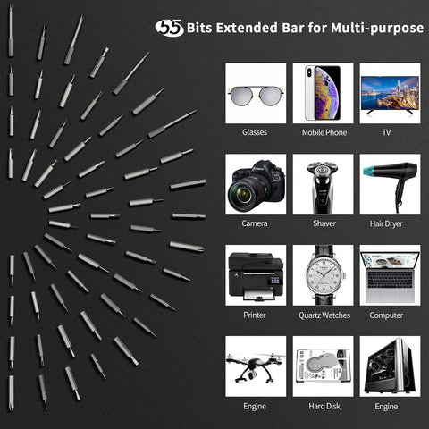 55 bits of Compact Mini Electric Screwdriver Kit With 55 Bits, LED Light, Magnetic Tray And Portable Cordless Repair Tool