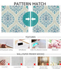 Vintage Blue Floral Damask Peel And Stick Wallpaper For Kitchen Cabinets design pattern match guide with cutting instructions.