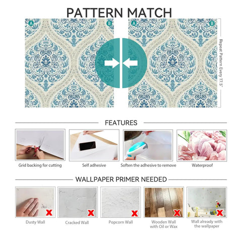Vintage Blue Floral Damask Peel And Stick Wallpaper For Kitchen Cabinets design pattern match guide with cutting instructions.