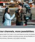 4 Channel Field Recorder With 32Bit Float And USB C Audio Interface used for street interview with adjustable mics and camera setup