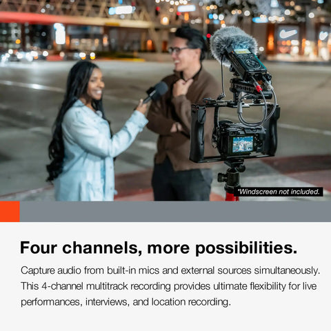 4 Channel Field Recorder With 32Bit Float And USB C Audio Interface used for street interview with adjustable mics and camera setup