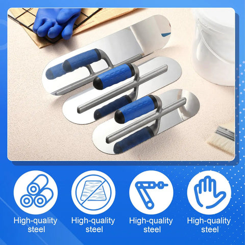 Pro Grade Three Piece Stainless Steel Concrete Trowel Set With 16 By 4 Inch 14 By 4 Inch And 12 By 4 Inch Flat Finishing Trowels