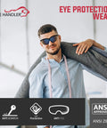 Blue Mirror Safety Glasses With UV Protection Anti Scratch And Anti Fog Coating Impact Resistant Windproof Eyewear For Outdoor Work Construction worn by a man carrying fabric.
