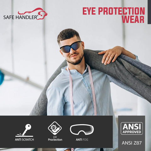Blue Mirror Safety Glasses With UV Protection Anti Scratch And Anti Fog Coating Impact Resistant Windproof Eyewear For Outdoor Work Construction worn by a man carrying fabric.
