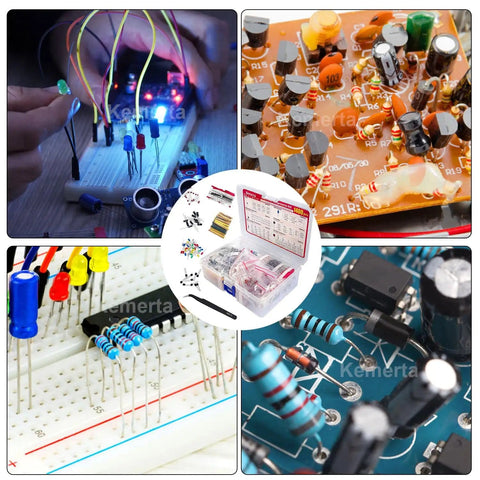 Massive 1400Pcs Electronics Component Kit With Transistors, LED Diodes, Metal Film Resistors, Electrolytic and Ceramic Capacitors, Diodes Pack, Ideal DIY Electronics Project Starter For Hobbyists And Pro Builders displayed with components on breadboard and circuit board.