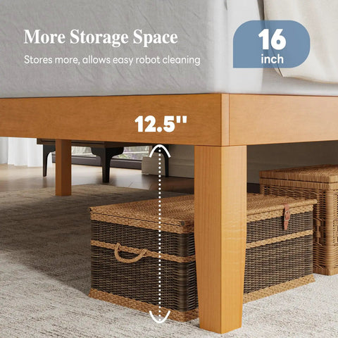 Built Tough Queen Size Platform Bed Frame In Real Natural Pine Wood With Thick Wooden Slats For Zero Wobble Support Never Requires A Box Spring And Flawless Setup For Your Bedroom Space showing 12.5 inches of under-bed storage.