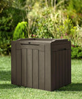 31 Gallon Resin Deck Box Waterproof Outdoor Storage For Patio Cushions And Garden Tools Brown Durable Weatherproof Chest With Easy Assembly And UV Protection displayed on grass
