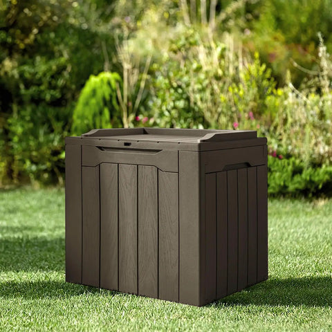 31 Gallon Resin Deck Box Waterproof Outdoor Storage For Patio Cushions And Garden Tools Brown Durable Weatherproof Chest With Easy Assembly And UV Protection displayed on grass
