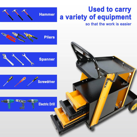 Heavy Duty Welding Cart With Two Tiers And 360 Degree Rolling Mobility Four Drawers And Tank Storage Safety Chains Built For TIG MIG And Plasma Cutter Tough As Nails Steel Construction 280 Pound Capacity Easy Roll Welder Organizer with tools shown.