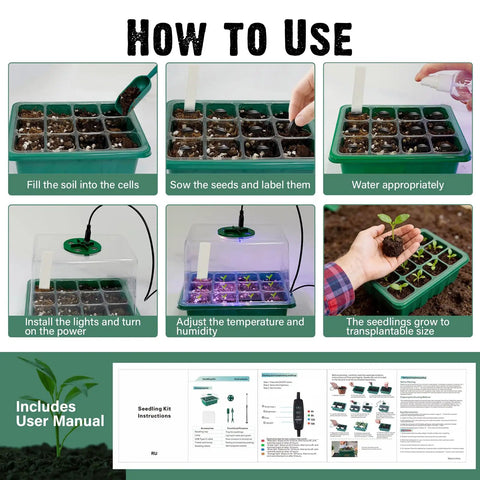 Instructions for using Six Pack Seed Starter Kit With Grow Light And 72 Cell Plant Starter Trays 3.9 Inch Humidity Dome