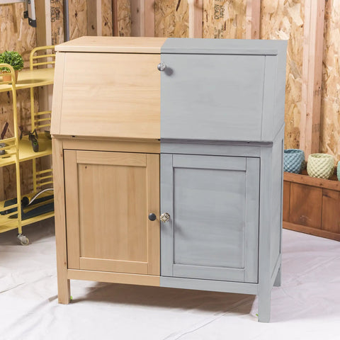 Cabinet half-painted with Chalked All In One Ultra Matte Paint In Aged Gray, One Coat Coverage, No Primer, Sanding, Or Topcoat Needed