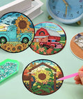 Fall Diamond Art Coaster Kit For Adults Eight Piece Set With Holder Cork Bases And Diamond Pens DIY Diamond Painting Coasters Featuring Sunflower Floral Truck Designs 4x4 Inches Beginner Friendly Super Easy Starter Set showing sunflower truck designs.