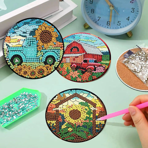 Fall Diamond Art Coaster Kit For Adults Eight Piece Set With Holder Cork Bases And Diamond Pens DIY Diamond Painting Coasters Featuring Sunflower Floral Truck Designs 4x4 Inches Beginner Friendly Super Easy Starter Set showing sunflower truck designs.