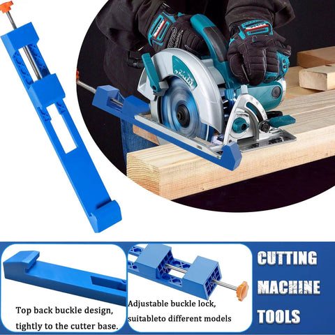 Pro Grade Circular Saw Milling Clamp And Base Guide For 4 To 6 Inch Cutting, shown attached to a saw on a wooden board