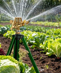 Two Pack Impact Sprinklers On Tripod Bases With 360 Degree Brass Heads watering a garden with fresh green vegetables