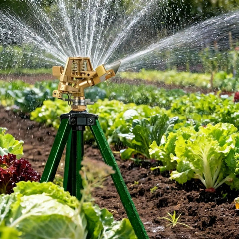 Two Pack Impact Sprinklers On Tripod Bases With 360 Degree Brass Heads watering a garden with fresh green vegetables