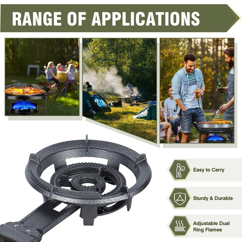 13 Inch Cast Iron Wok Burner Stove With 90,000 BTU High Heat For Outdoor Cookin showing diverse outdoor applications