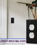 Duplex Receptacle Wall Plate 1 Gang 4.5 X 2.76 Inches Black Built Tough From Unbreakable Polycarbonate Thermoplastic Heat And Fade Resistant UL94 V2 Rated Model 8821 BK on wall