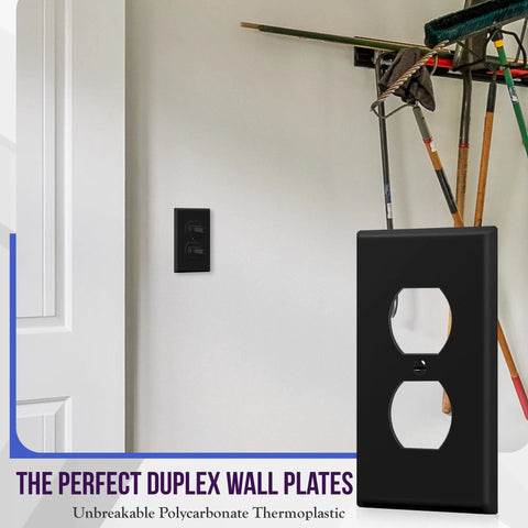 Duplex Receptacle Wall Plate 1 Gang 4.5 X 2.76 Inches Black Built Tough From Unbreakable Polycarbonate Thermoplastic Heat And Fade Resistant UL94 V2 Rated Model 8821 BK on wall