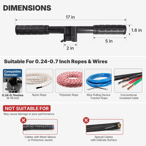 Heavy Duty Metal Fish Tape And Mule Tape Wire Puller with dimensions 17x2x1.6 inches, showcasing suitability for various cable sizes.