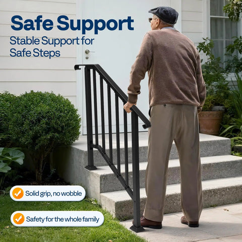 Man using 2 Pack Galvanized Steel Hand Rails For Outdoor Steps With 27.1 Inch Curved Ends And Safety Balusters Exterior Railing Kit For Porch Deck Or Indoor Stairs 3 Step Black Built For Serious Stability And Wobble Free Support on steps