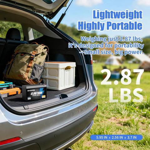 Car trunk with camping gear and Two Pack 12V 10Ah LiFePO4 Battery With Built-In BMS, 5000 Plus Cycles, Lightweight, High Energy Density