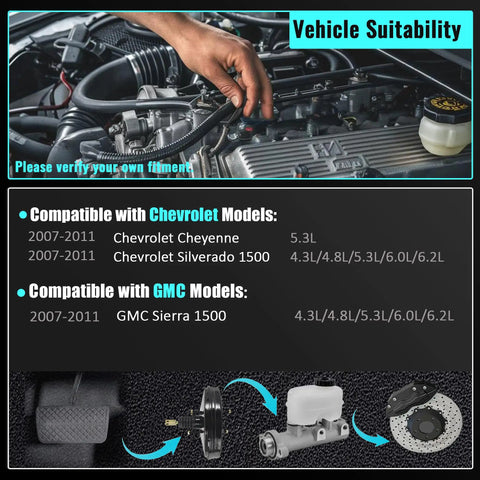 High Performance Vacuum Power Brake Booster For Chevy Silverado 1500 And Silverado Classic Trucks 2007 Through 2011 displayed with engine compatibility details.