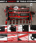 Power Tool Organizer Wall Mount With UL Certified 6 Outlet Charging Station 4 Layer 6 Slot Cordless Drill Holder And Angle Grinder Holder Red Heavy Duty Garage Workshop Storage showing organized tools and accessories