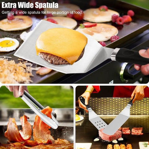 27 Piece Flat Top Grill Accessory Kit For Blackstone Outdoor Griddle Grillin Essentials with extra wide burger spatula, grilling bacon and steak.