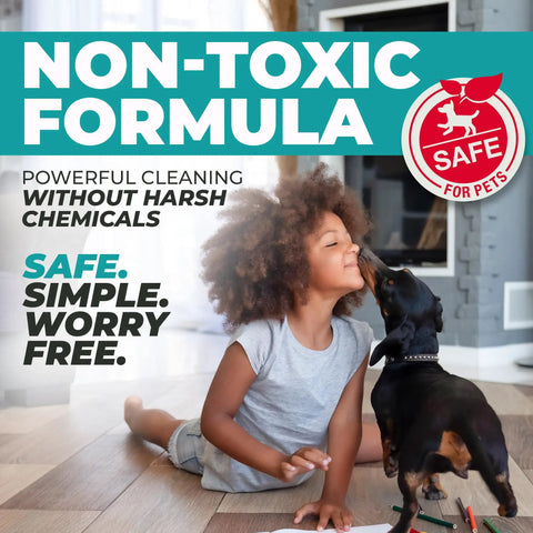 Child playing on floor with dog, promoting Non-Toxic Formula for safe, powerful cleaning without harsh chemicals.