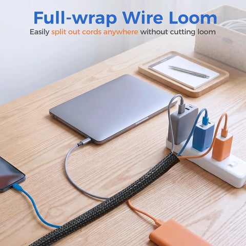Cool Cable Sleeve Kit That Keeps Your Pets Off Wires And Saves You From Messy Cords On The Desk Or TV Stand With Easy Split Design For Super Simple Setup Today. 10ft black braided wire loom on desk, PVC split wrap for 5 cords