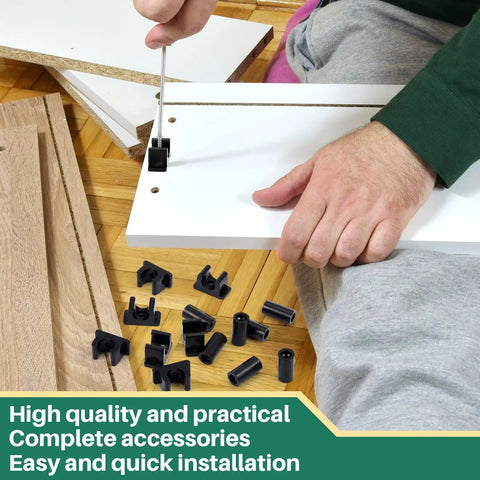 Upgrade Your Cabinetry With These Eight Black False Front Drawer Clips Heavy Duty Plastic Waterproof Design Includes Mounting Screws For No Fuss Swaps That Deliver A Rock Solid Secure Fit Every Day. A person installs black plastic drawer clips on white cabinet panels.
