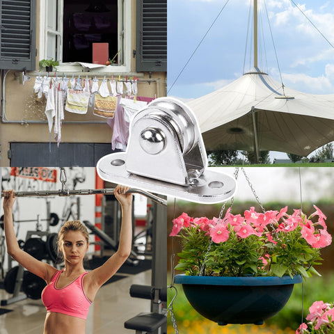 Mini Duplex Pulley Block 1 Inch with Silent Frictionless Roller mounted for versatile uses including home gym, shade sail, and plant hanging.