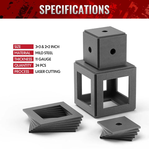 Welding Coupon Kit With 24 Pcs 3 By 3 Inch And 2 By 2 Inch Mild Steel Practice Plates stacked showing specifications.