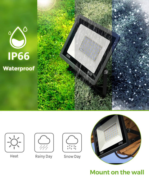 Dusk To Dawn Outdoor Flood Light 50W No Fuss Auto On Off 6000K Daylight IP66 Waterproof 2300 Lumens Plug In Security Light